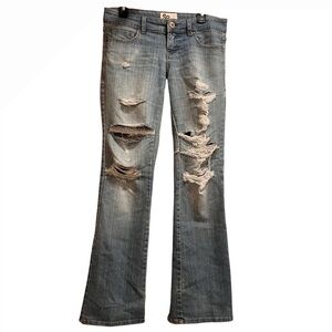 SO Women Flare Low Rise Button Zip Denim Jeans Trashy Distressed Y2K